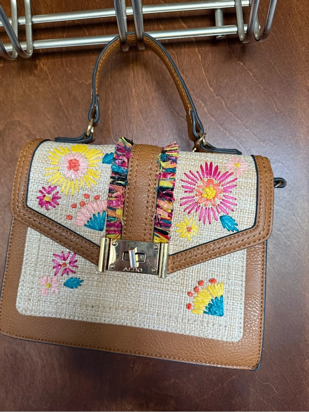 Brown Floral Embroidered Top-Handle Bag